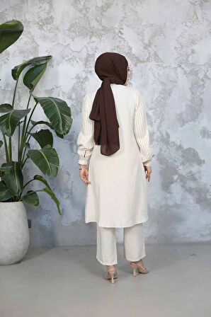 Kolları Pileli Krem Tesettür İkili Takım 51991KR