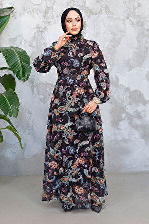 Çiçek Desenli Siyah Turuncu Tesettür Elbise 52681ST