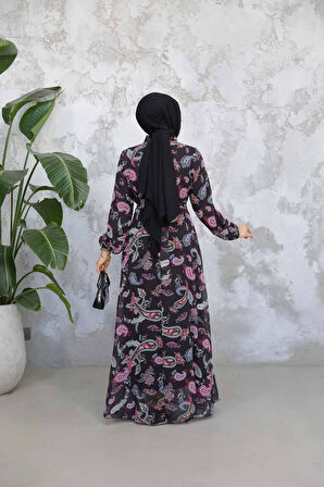 Çiçek Desenli Siyah Fuşya Tesettür Elbise 52681SF
