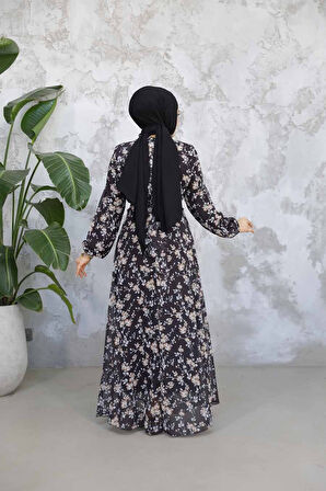 Çiçek Desenli Siyah Tesettür Elbise 52682S