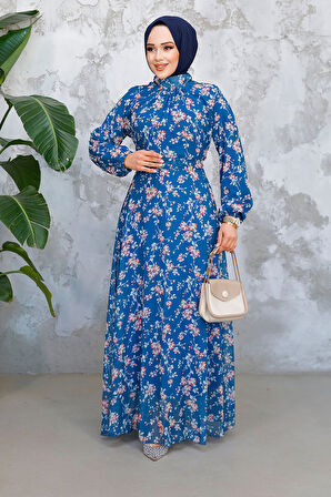 Çiçek Desenli Petrol Mavisi Tesettür Elbise 52682PM
