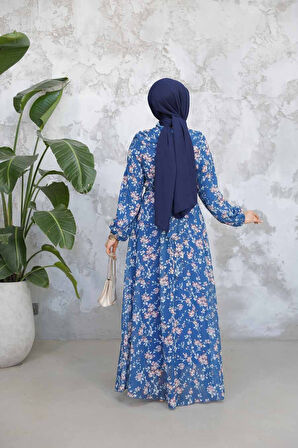 Çiçek Desenli Petrol Mavisi Tesettür Elbise 52682PM