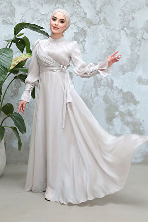 Bağlama Detaylı Taş Tesettür Abiye Elbise 48051TAS