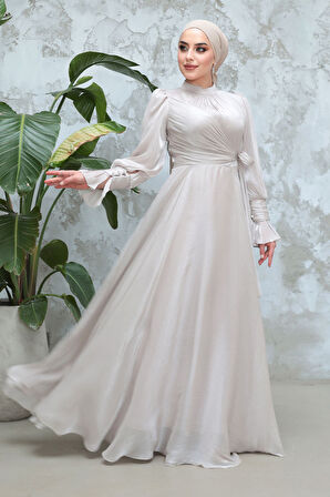 Bağlama Detaylı Taş Tesettür Abiye Elbise 48051TAS