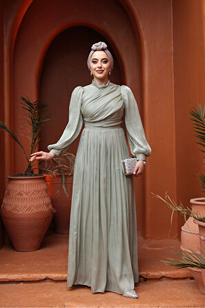 Drape Detaylı Mint Tesettür Abiye Elbise 44081MINT