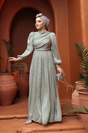 Drape Detaylı Mint Tesettür Abiye Elbise 44081MINT