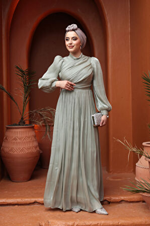 Drape Detaylı Mint Tesettür Abiye Elbise 44081MINT