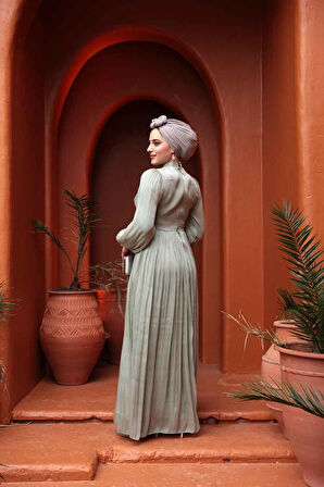 Drape Detaylı Mint Tesettür Abiye Elbise 44081MINT