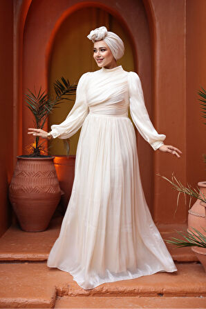 Drape Detaylı Krem Tesettür Abiye Elbise 44081KR