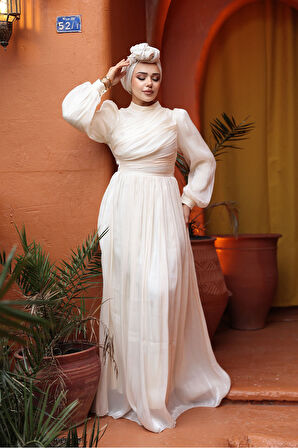 Drape Detaylı Krem Tesettür Abiye Elbise 44081KR