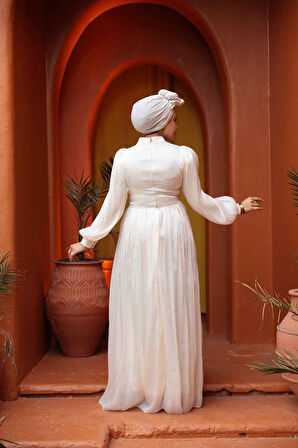 Drape Detaylı Krem Tesettür Abiye Elbise 44081KR