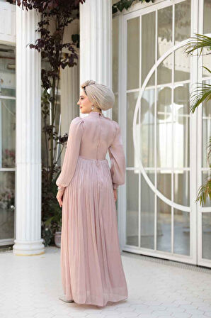 Drape Detaylı Pudra Tesettür Abiye Elbise 44081PD