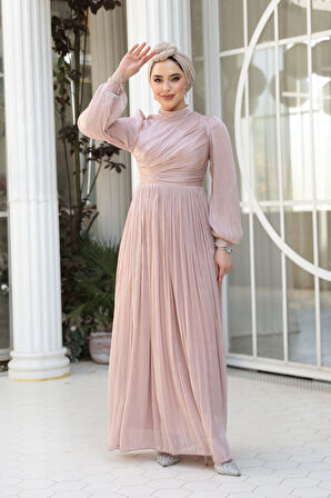 Drape Detaylı Pudra Tesettür Abiye Elbise 44081PD