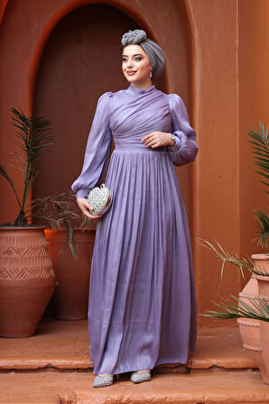 Drape Detaylı Lila Tesettür Abiye Elbise 44081LILA