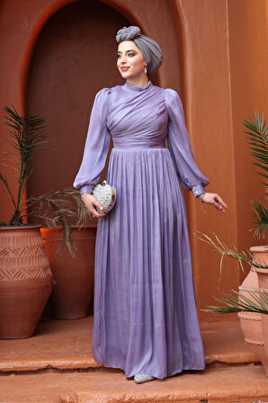 Drape Detaylı Lila Tesettür Abiye Elbise 44081LILA