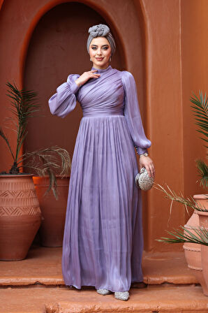 Drape Detaylı Lila Tesettür Abiye Elbise 44081LILA