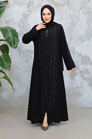 Boncuk İşlemeli Siyah Tesettür Ferace 29122S