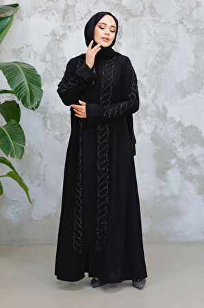 Boncuk İşlemeli Siyah Tesettür Ferace 29122S