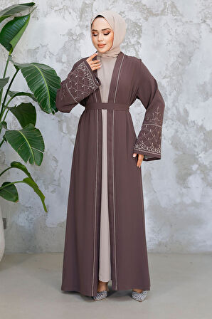 Nakış Desenli Kahverengi Tesettür Abaya Takım 29126KH