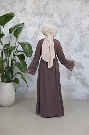 Nakış Desenli Kahverengi Tesettür Abaya Takım 29126KH