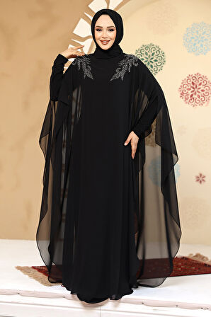 Panço Detaylı Siyah Tesettür Abaya 25908S