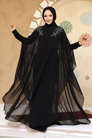Panço Detaylı Siyah Tesettür Abaya 25908S