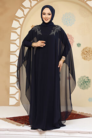 Panço Detaylı Lacivert Tesettür Abaya 25908L