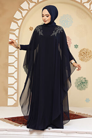 Panço Detaylı Lacivert Tesettür Abaya 25908L