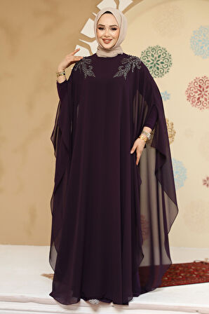 Panço Detaylı Mürdüm Tesettür Abaya 25908MU