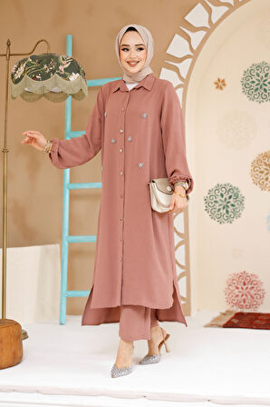 Boncuk Detaylı Gül Kurusu Tesettür İkili Takım 12082GK