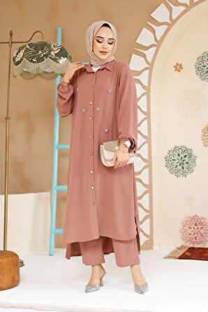 Boncuk Detaylı Gül Kurusu Tesettür İkili Takım 12082GK