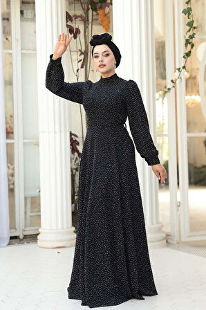 Taş Boncuk İşlemeli Koyu Lacivert Tesettür Elbise 23882KL