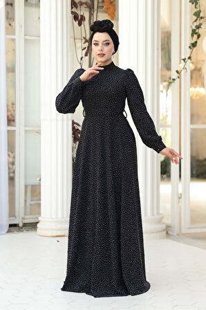 Taş Boncuk İşlemeli Koyu Lacivert Tesettür Elbise 23882KL