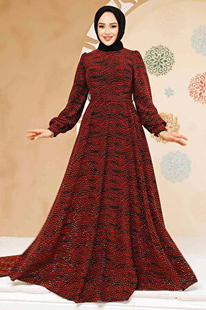 Taş Boncuk İşlemeli Bordo Tesettür Elbise 23882BR