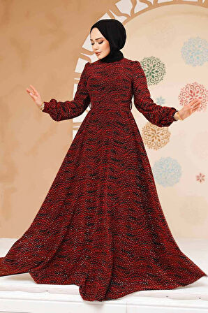 Taş Boncuk İşlemeli Bordo Tesettür Elbise 23882BR