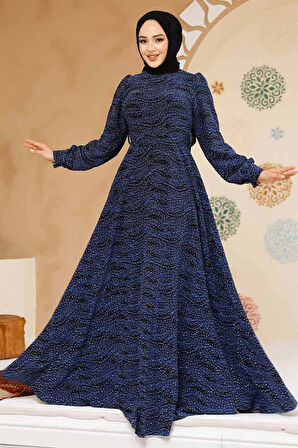 Taş Boncuk İşlemeli İndigo Mavisi Tesettür Elbise 23882IM