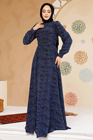 Taş Boncuk İşlemeli İndigo Mavisi Tesettür Elbise 23882IM