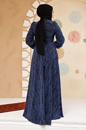 Taş Boncuk İşlemeli İndigo Mavisi Tesettür Elbise 23882IM