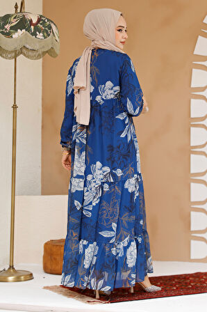Çiçek Desenli İndigo Mavisi Tesettür Elbise 22055IM