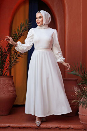 Kemerli Beyaz Tesettür Elbise 23101B