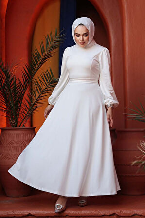 Kemerli Beyaz Tesettür Elbise 23101B