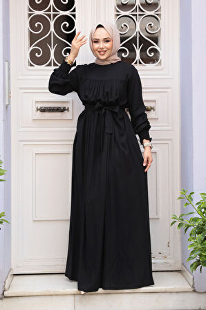 Kemerli Siyah Tesettür Elbise 23841S
