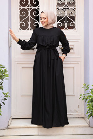 Kemerli Siyah Tesettür Elbise 23841S