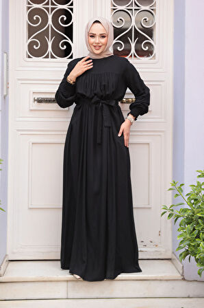 Kemerli Siyah Tesettür Elbise 23841S
