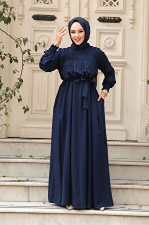 Kemerli Lacivert Tesettür Elbise 23841L