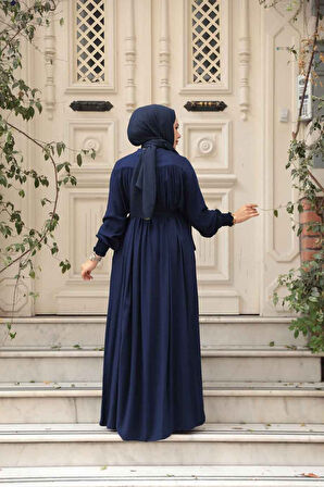 Kemerli Lacivert Tesettür Elbise 23841L