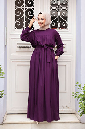 Kemerli Mürdüm Tesettür Elbise 23841MU