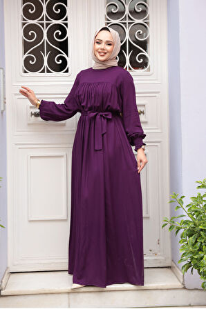 Kemerli Mürdüm Tesettür Elbise 23841MU