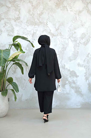 İnci Detaylı Siyah Tesettür İkili Takım 12802S