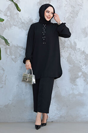 İnci Detaylı Siyah Tesettür İkili Takım 12802S